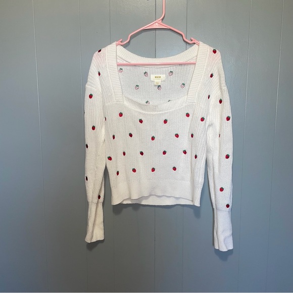 Anthropologie Maeve Strawberry Embroidered Square Neck Sweater Small - Picture 2 of 7